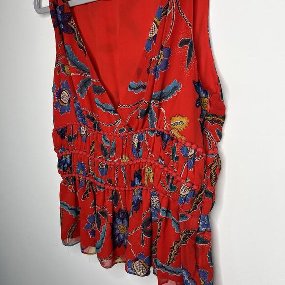 Rebecca Minkoff Top Womens Medium Red Floral Lucy Sleeveless Ruffle Tier Chiffon - Picture 6 of 16